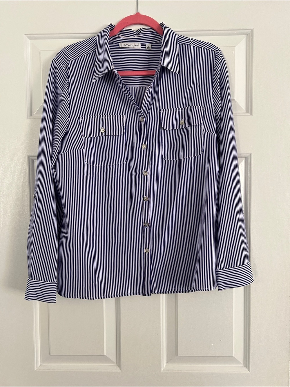 Notations Blue and White Vertical Stripe Dress Shirt